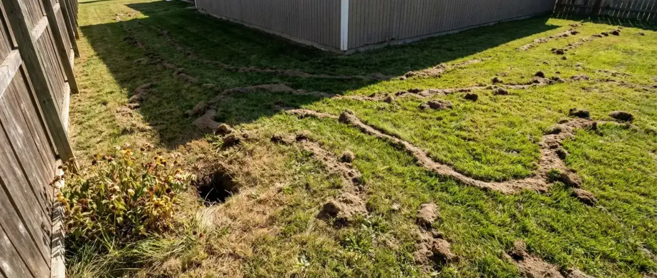 Extensive mole damage in yard, with tunnels and mounds disrupting the lawn. A large hole is visible near some plants.