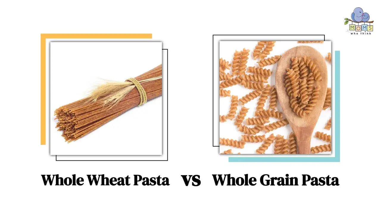 Dinkelnudeln sind gesund! Links Vollkornspaghetti, rechts Vollkornfusilli auf einem Holzlöffel.