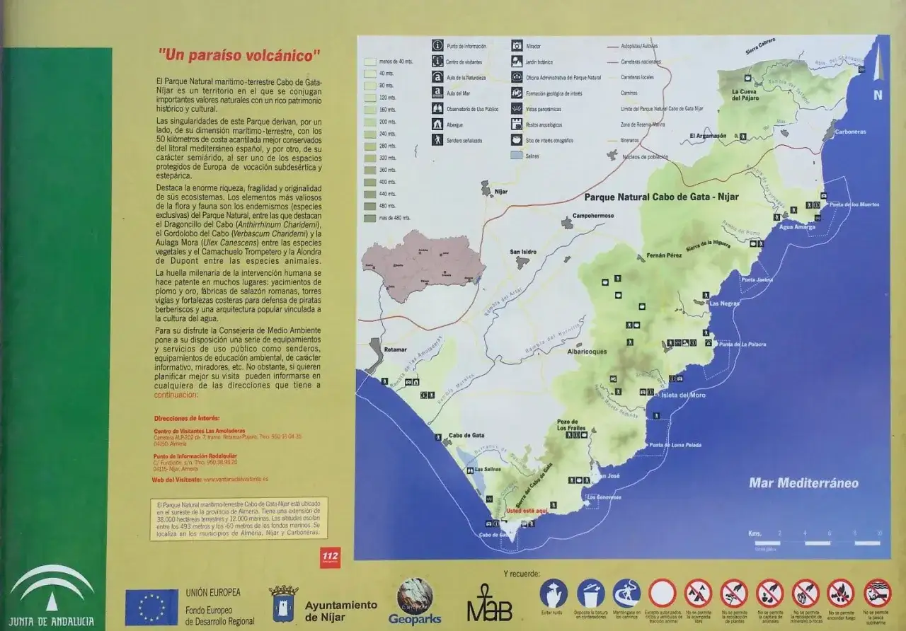 Mapa del Parque Natural Cabo de Gata-Níjar, destacando las 10 mejores playas y puntos de interés.