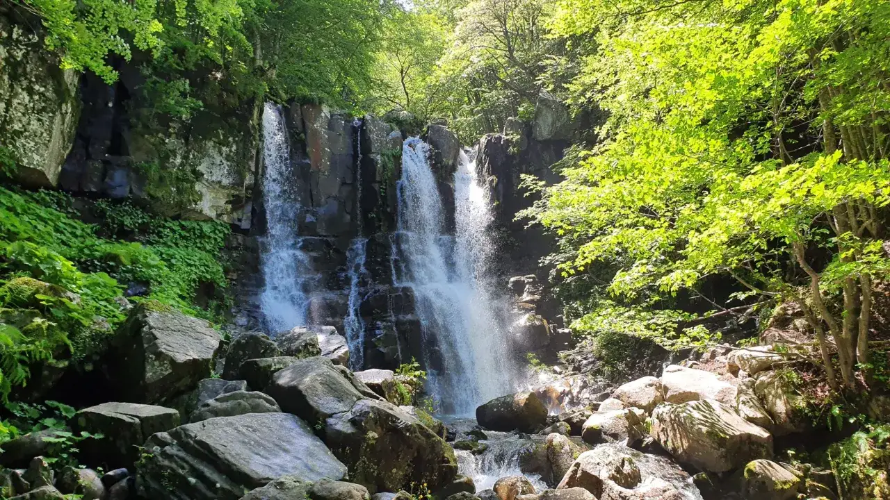 Cascada en el sendero Via degli Dei, rodeada de rocas y vegetaci&oacute;n exuberante bajo la luz del sol.