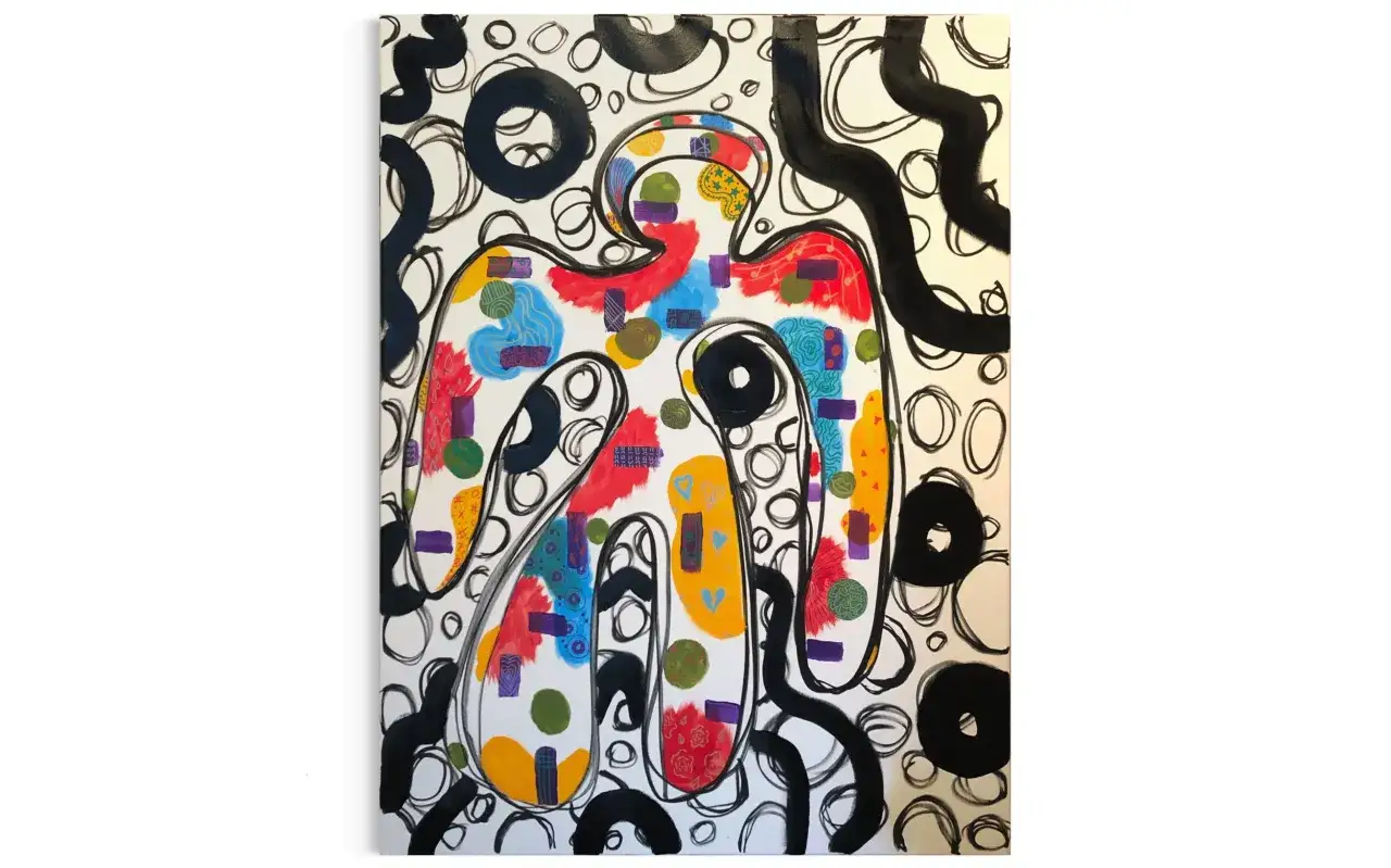 Vibrant abstract figure with bold black lines and colorful shapes, reminiscent of German Expressionism art.