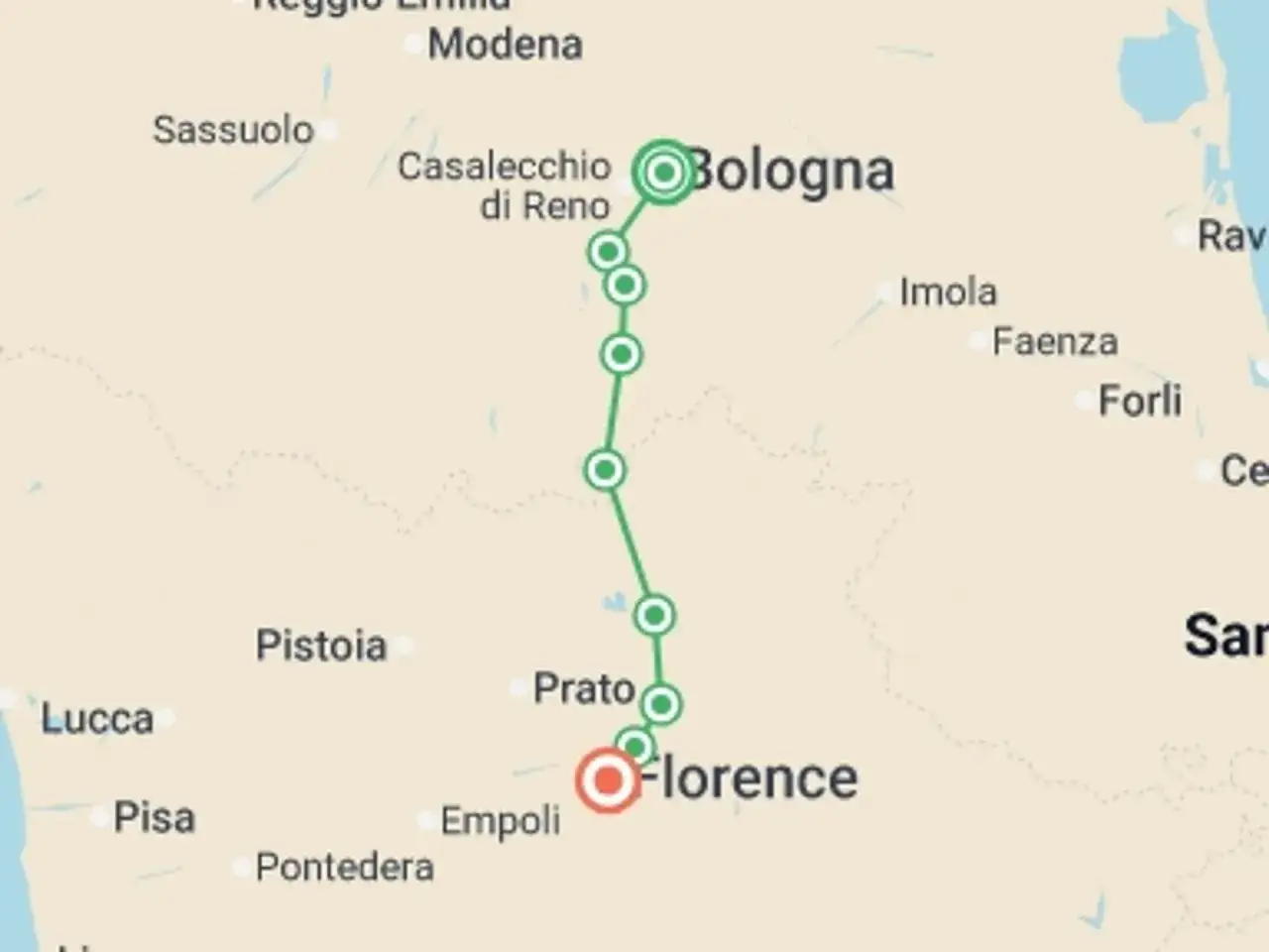 Map showing a route from Bologna to Florence, highlighting potential best day trips from Bologna with stops in towns like Prato.