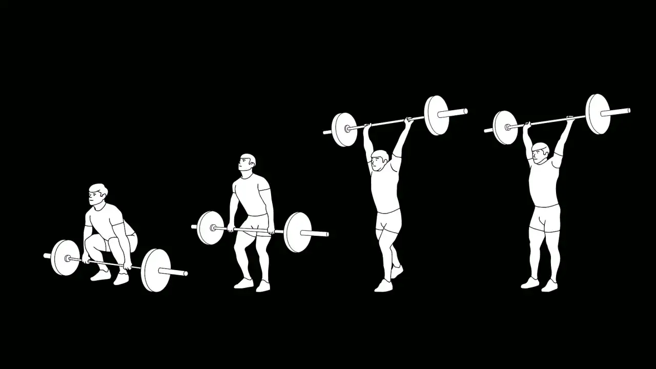 Steg f&ouml;r steg illustration av olympiska lyft: fr&aring;n marken, upp till axlarna, och slutligen &ouml;ver huvudet.