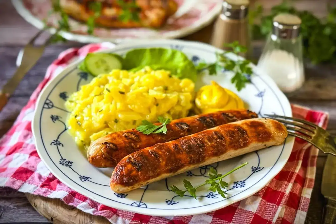 Zwei gegrillte Salsiccia-Würste mit Kartoffelsalat und Senf. Ein leckeres italienisches Bratwurst Salsiccia Rezept für Genießer.