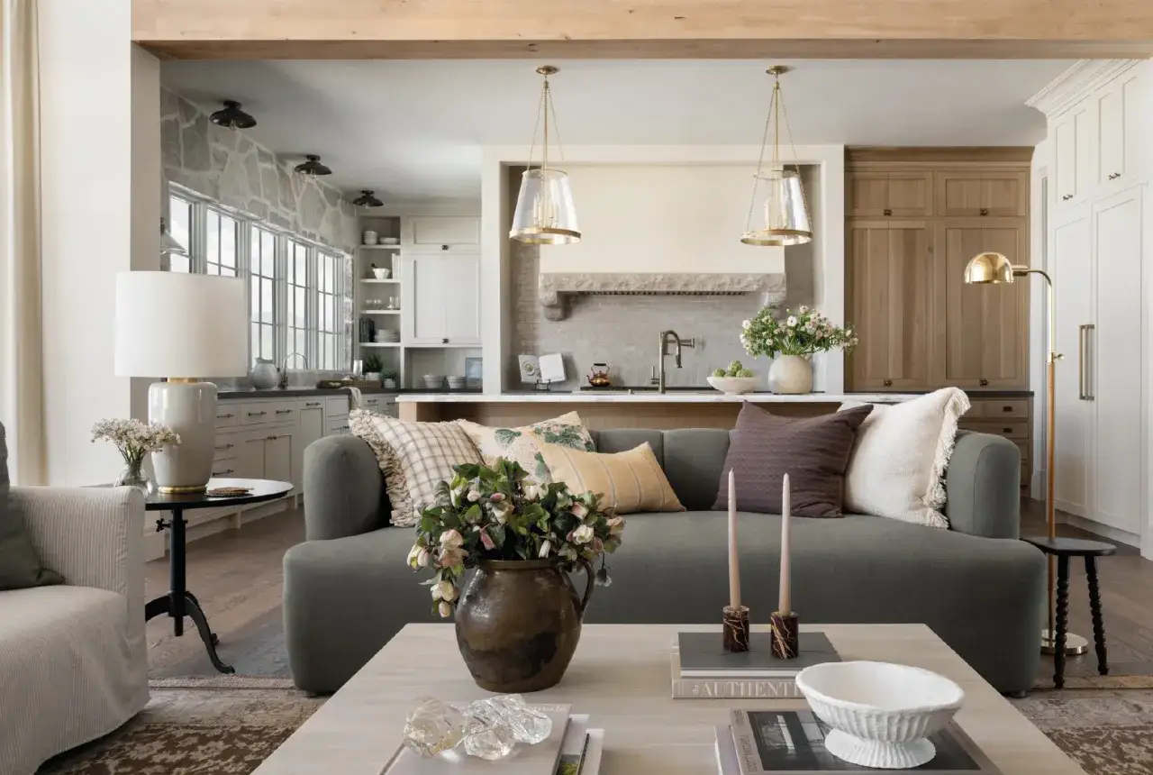 A cozy living room and kitchen area in a Studio McGee home. A green sofa is adorned with patterned pillows, facing a coffee table with decorative items.