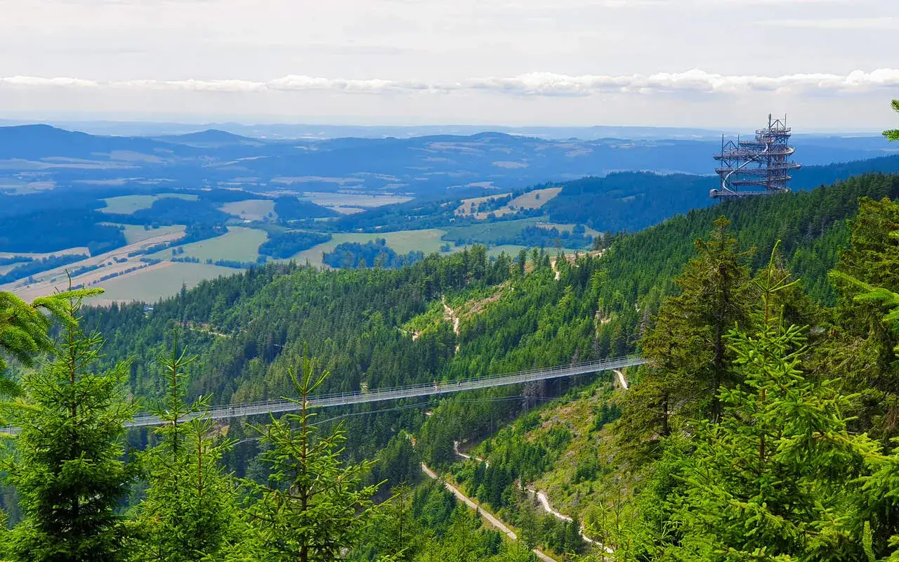 Widok na wiszący most i wieżę widokową w górach w Czechach. Malowniczy krajobraz z lasami i dolinami.