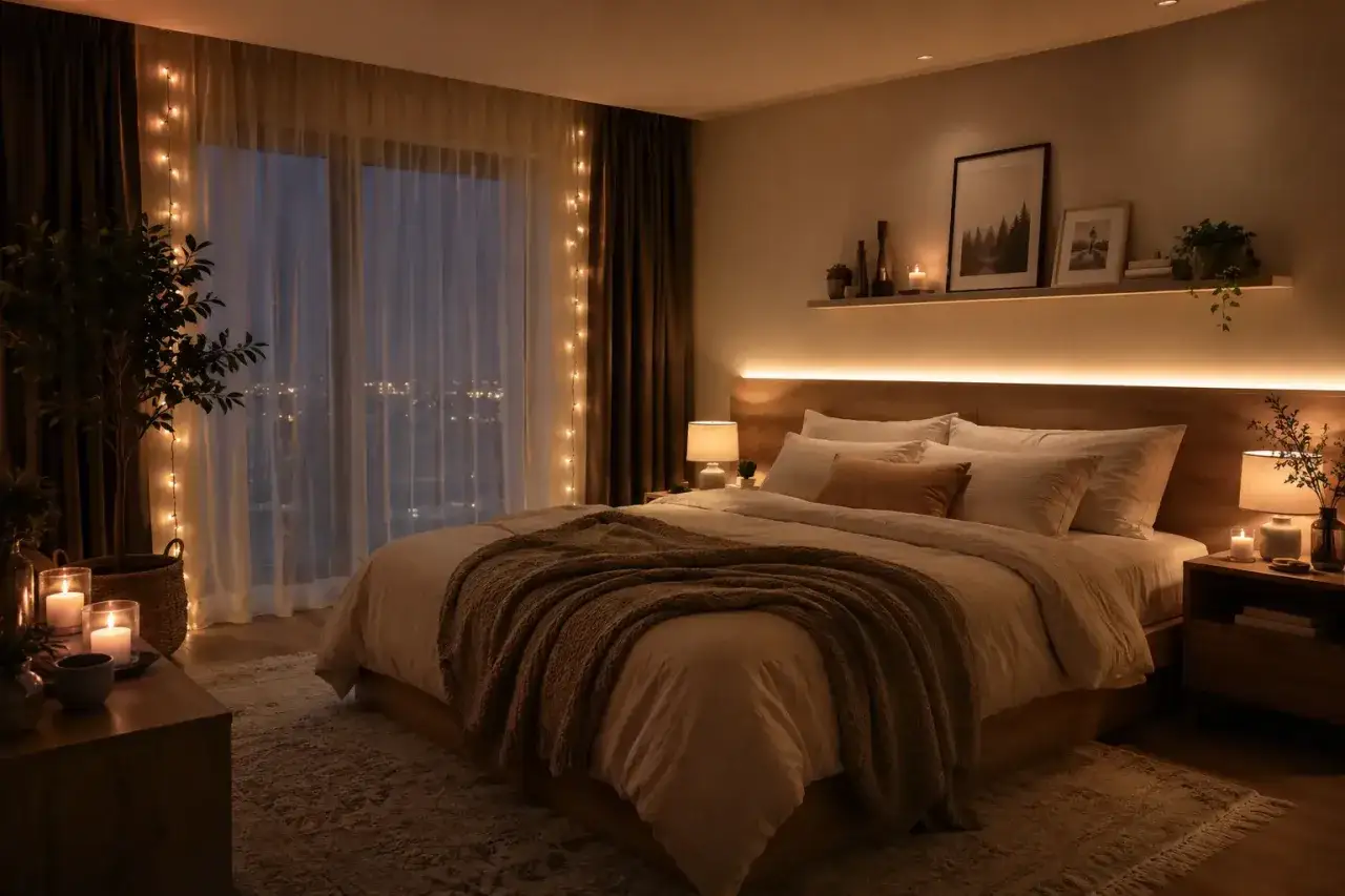 Dormitorio acogedor con luces tenues y velas, ideal para aplicar trucos para dormir mejor.