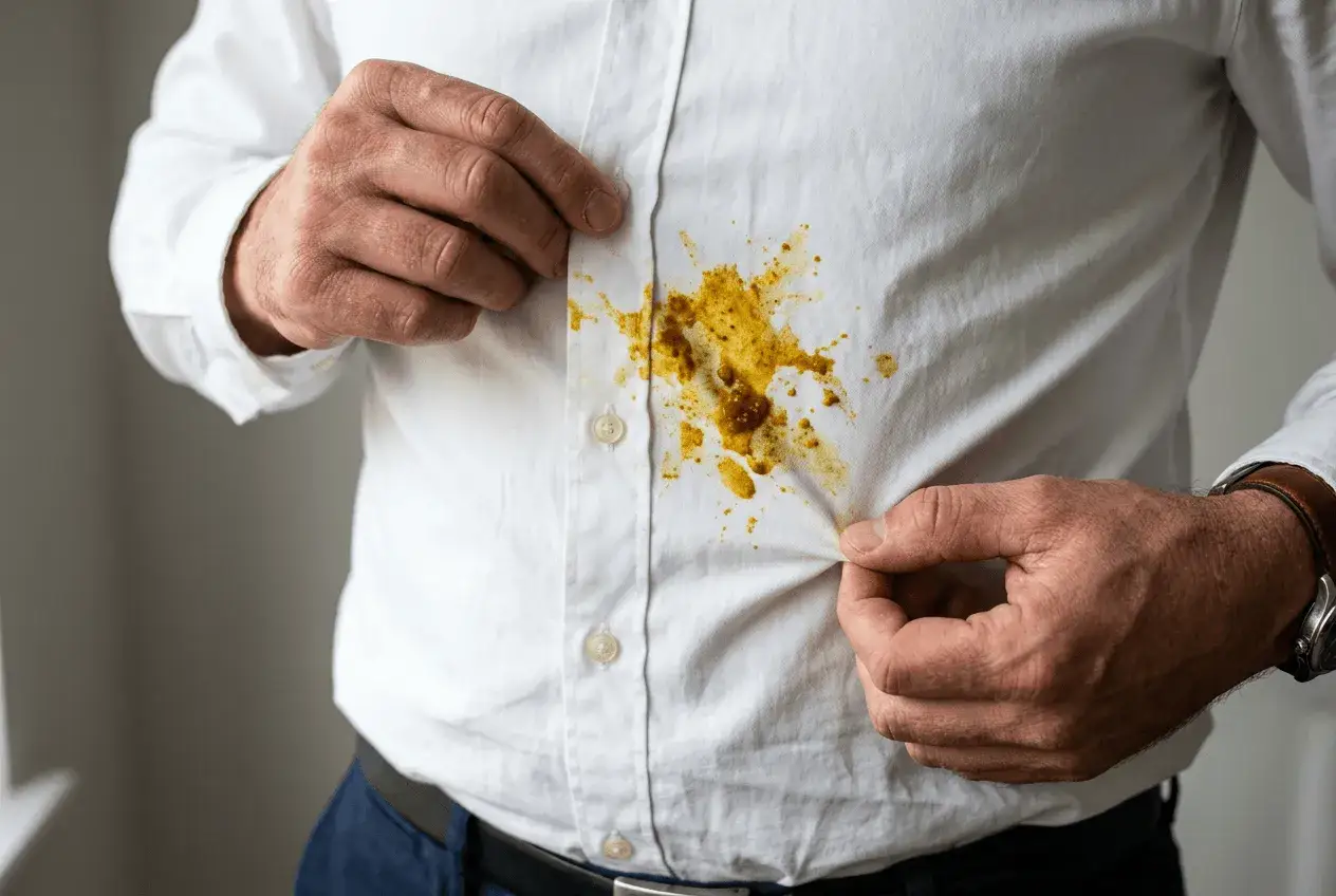 Mann zeigt gelbe Curryflecken auf wei&szlig;em Hemd. Tipps zum Curryflecken entfernen gesucht.