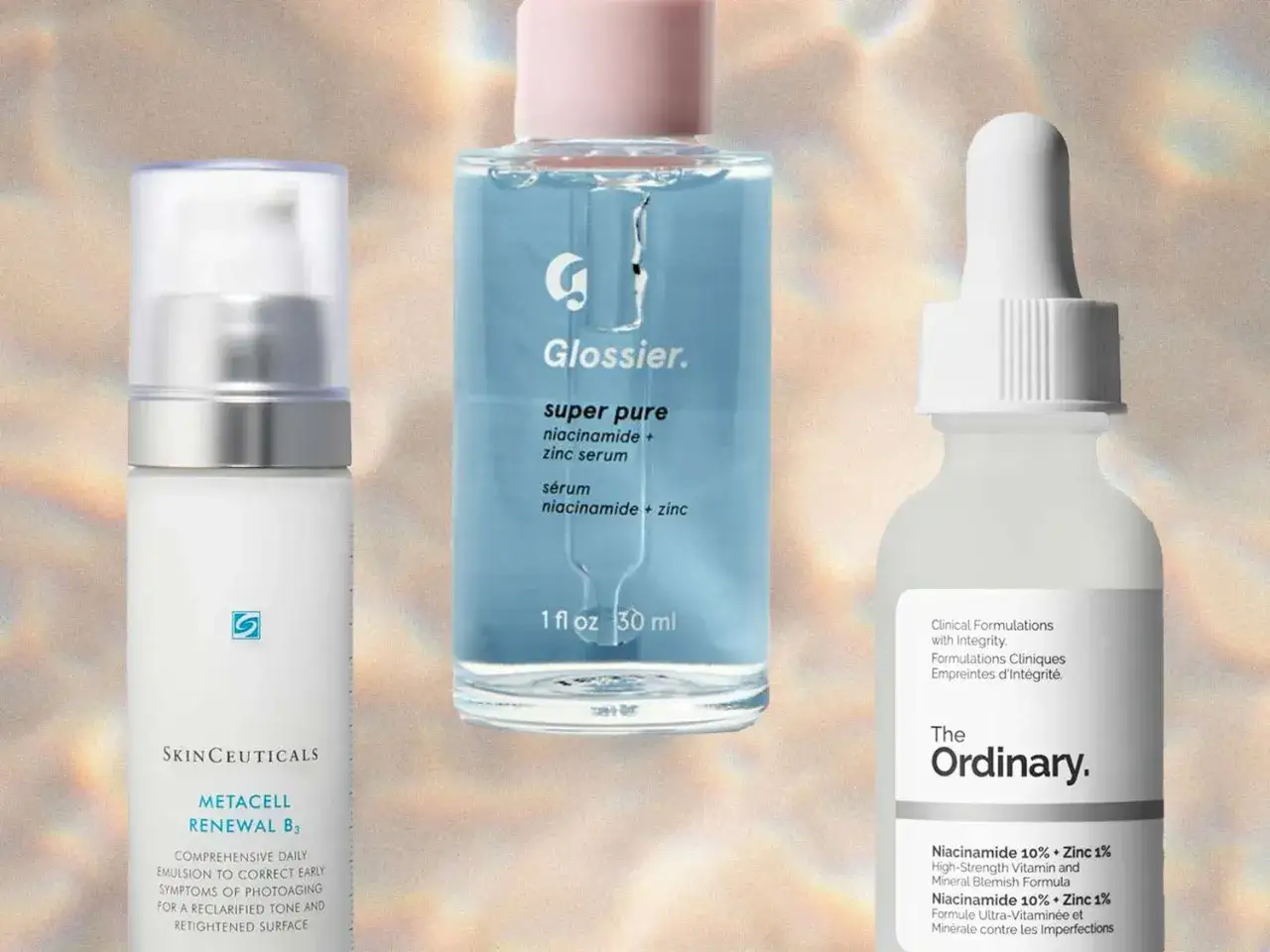 Tre flaskor hudvårdsprodukter med niacinamide, inklusive The Ordinary och Glossier.