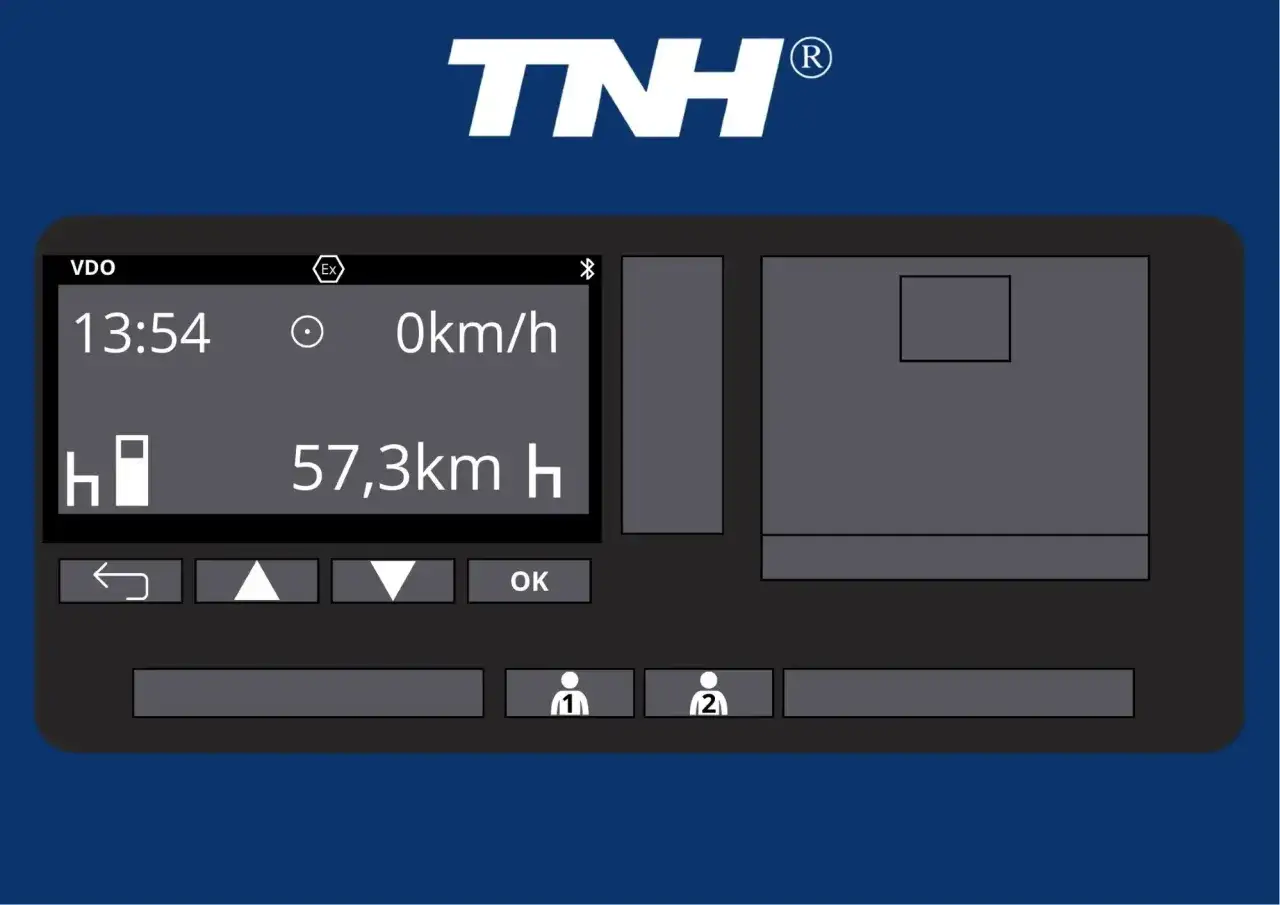 Wyświetlacz tachografu VDO pokazuje czas 13:54, prędkość 0 km/h i dystans 57,3 km. Przyciski nawigacyjne i OK sugerują możliwość zmiany czasu w tachografie.