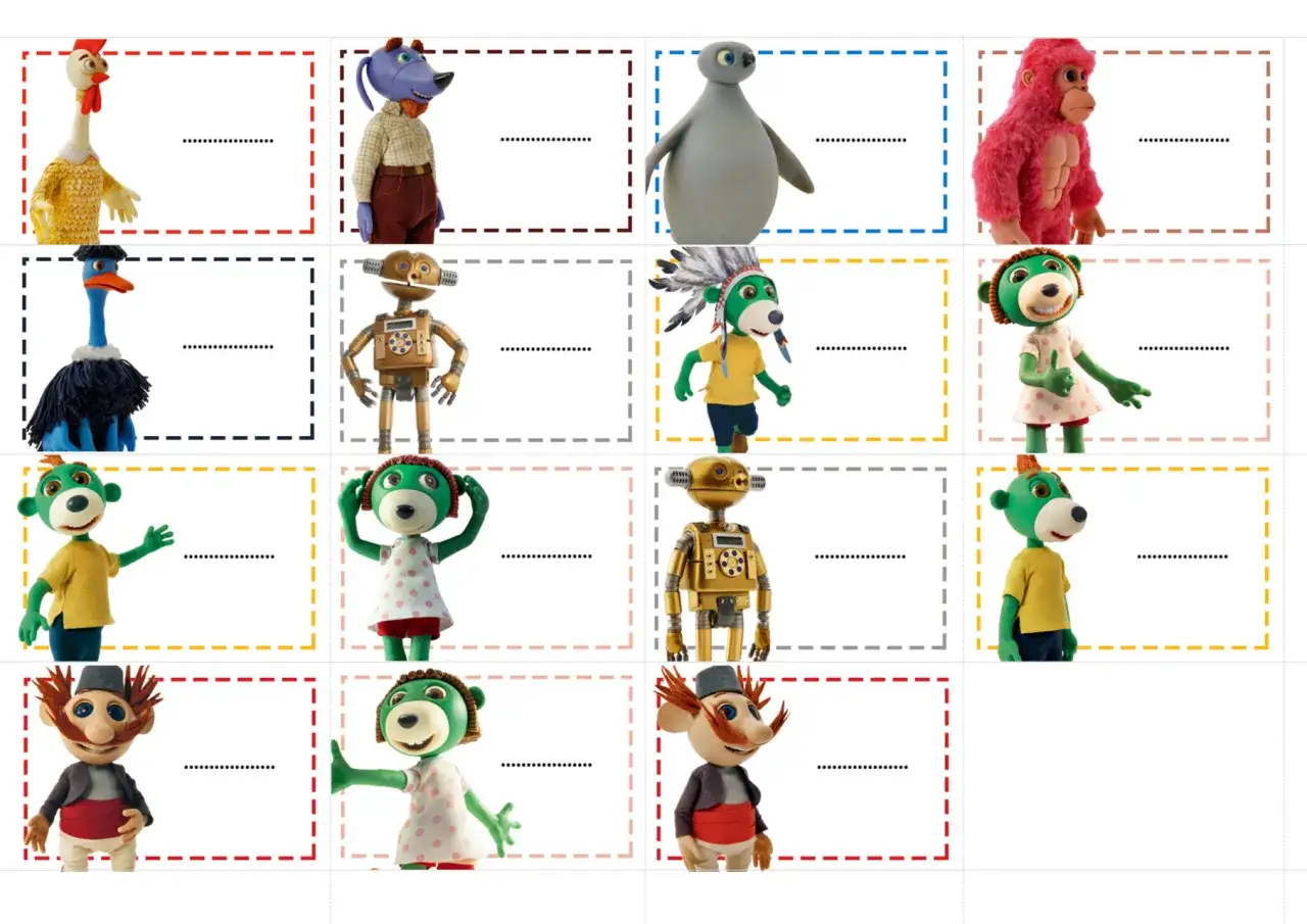 Kolekcja kolorowych postaci z bajki Trefliki, w tym pies, małpka, robot i inne, gotowe do personalizacji.