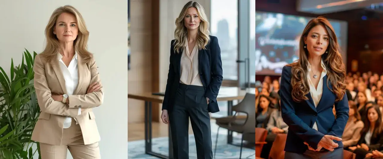 Tres mujeres con trajes elegantes, ideales para saber como vestir para una conferencia mujer.
