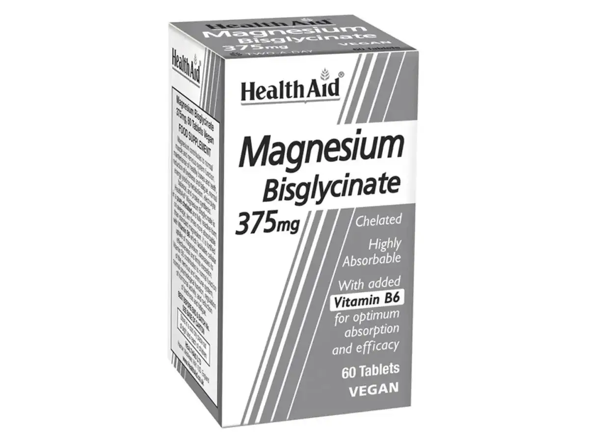 Opakowanie suplementu diety Health Aid Magnesium Bisglycinate 375mg, 60 tabletek wegańskich, wysoce przyswajalny diglicynian magnezu z witaminą B6.