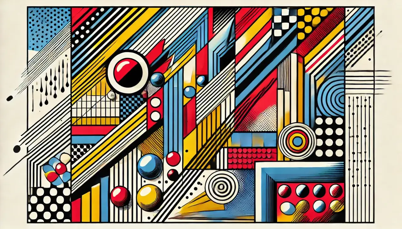 Abstraction géométrique aux couleurs vives, évoquant le style pop art. Lignes, cercles, points et formes s'entremêlent dans une composition dynamique.