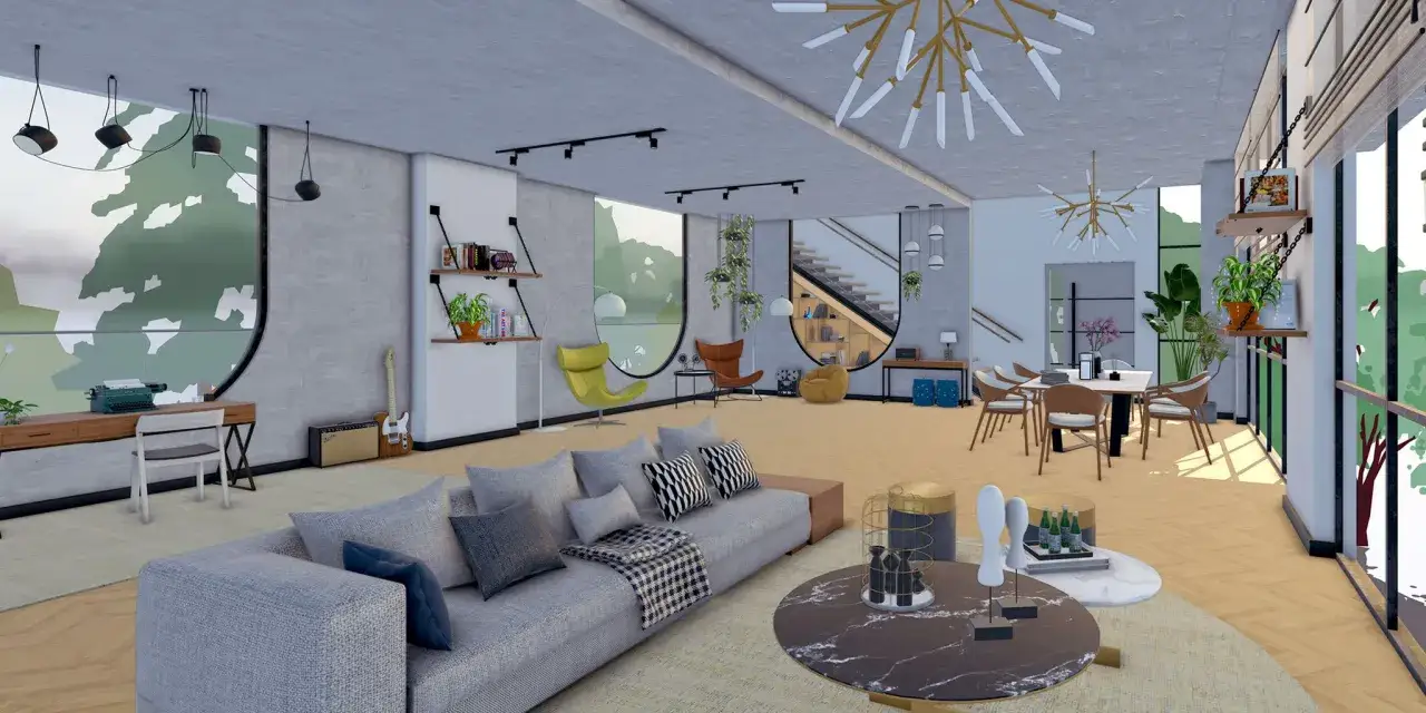 Nowoczesny salon z sofą, stołem i krzesłami, inspirowany projektami modele 3d sketchup.