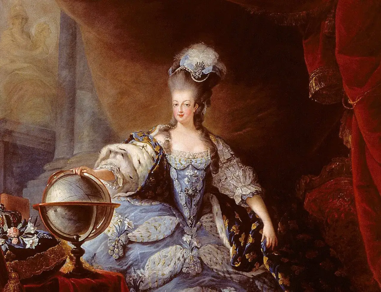 Marie Antoinette, in a lavish blue gown, poses with a globe, a symbol of her reign. This iconic portrait captures the essence of the queen, though it's not a family portrait.