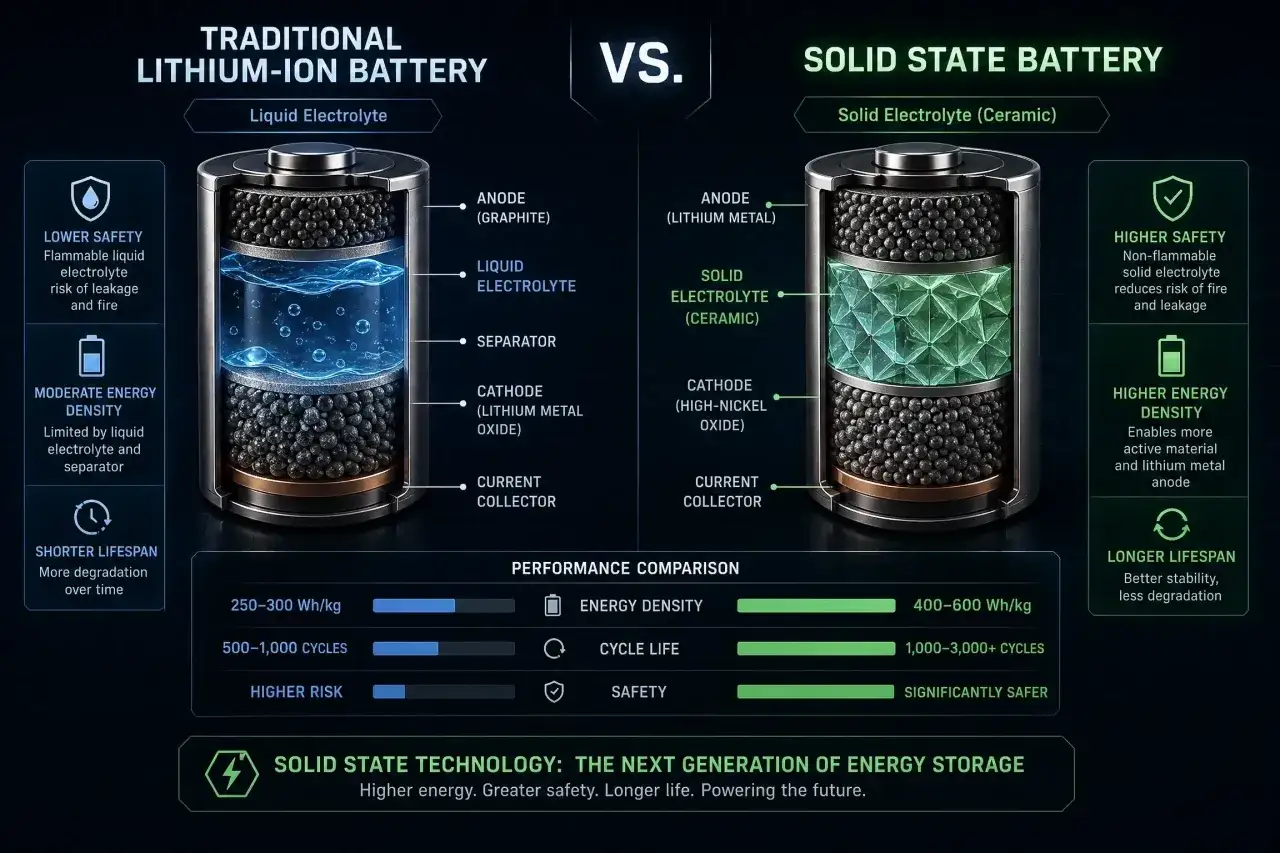 Confronto tra batterie al litio tradizionali e **batterie stato solido** con elettrolita ceramico. Le batterie allo stato solido offrono maggiore sicurezza, densità energetica e durata.