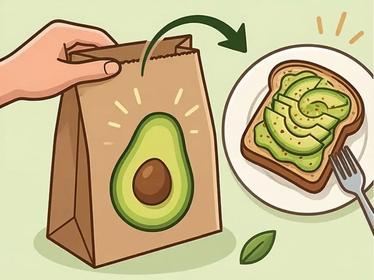 Hand places bag with avocado illustration to help avocado reifen lassen. Toast with avocado slices waits on a plate.