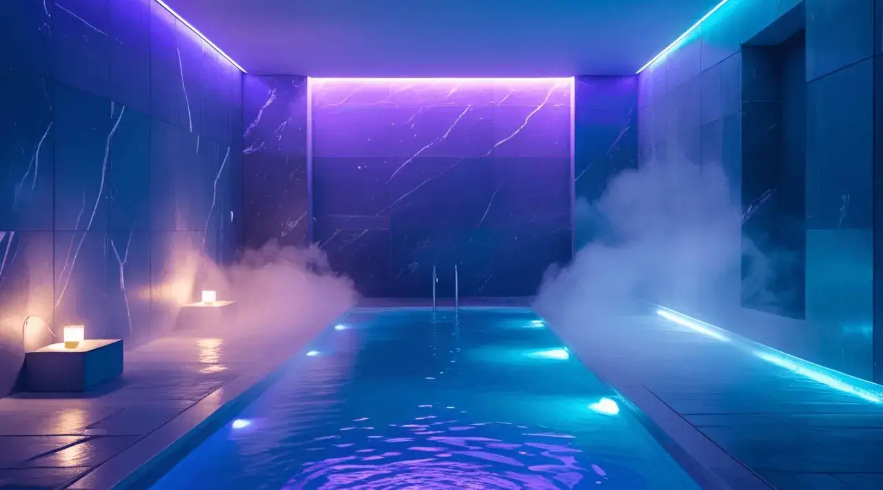 Piscina interior con iluminación azul y morada, vapor y luces tenues. Una experiencia sensorial para el spa.