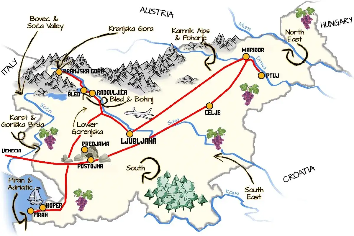 Mapa de una ruta por Eslovenia, mostrando ciudades como Liubliana, Bled y Maribor, junto a regiones como el Valle de Soča y los Alpes.