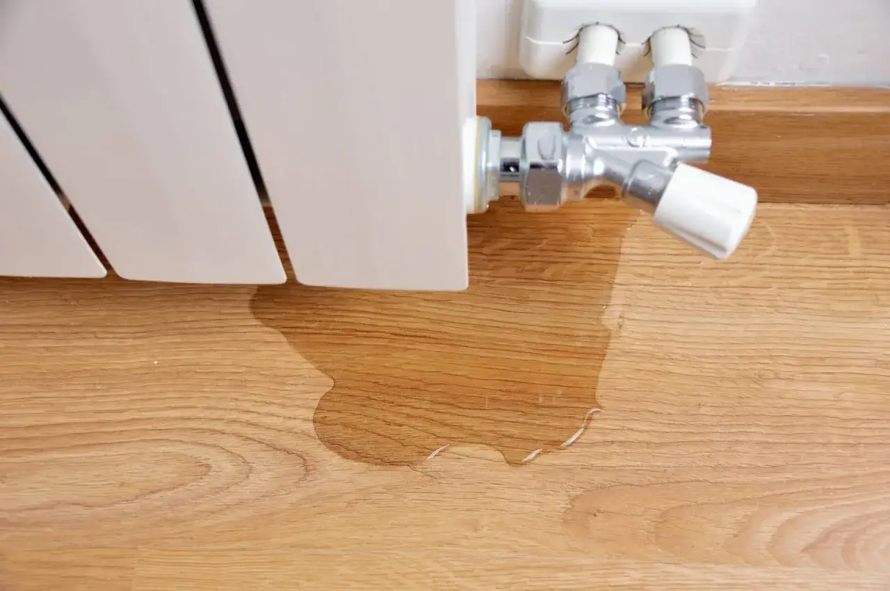 Fuite au radiateur, une flaque d'eau sur le parquet. Il y a plus d'eau dans la maison que prévu, il faut agir vite !