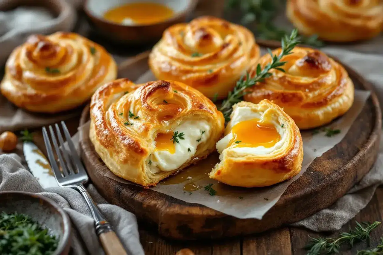 D&eacute;licieux feuillet&eacute; ch&egrave;vre garni d'un &oelig;uf coulant et de miel dor&eacute;, parsem&eacute; de persil frais. Un d&eacute;lice pour les yeux et les papilles.