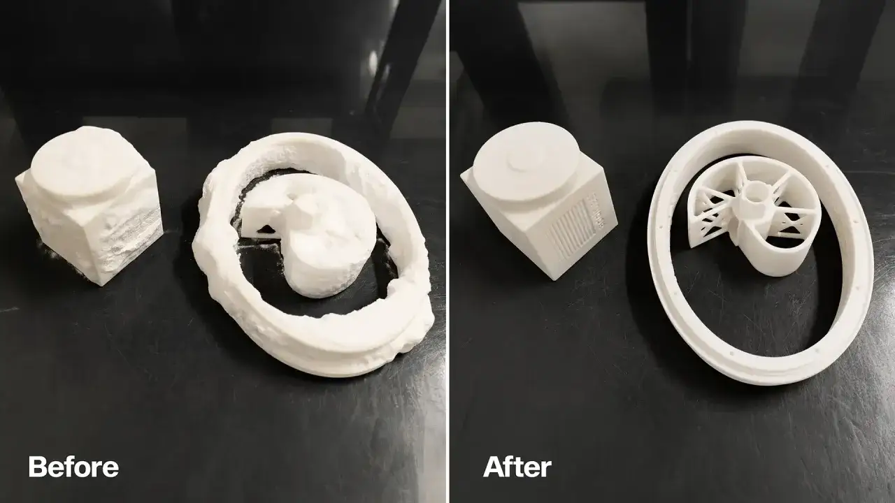 Before and after 3d printing post processing. The left shows rough prints, the right shows smooth, finished parts.