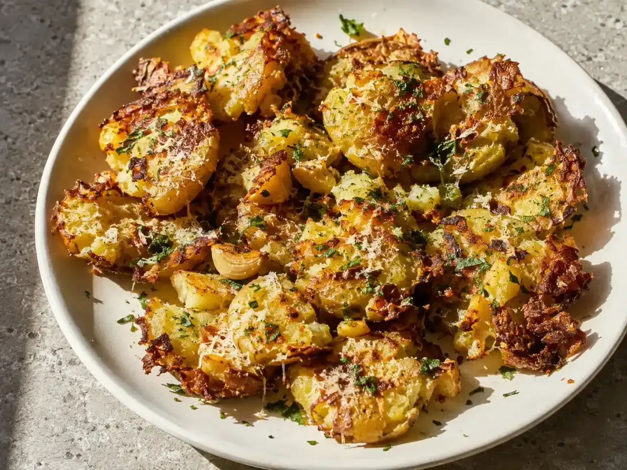 Krispiga, ugnsbakade smashed potatis parmesan med f&auml;rsk persilja. Enkel och god sidor&auml;tt.