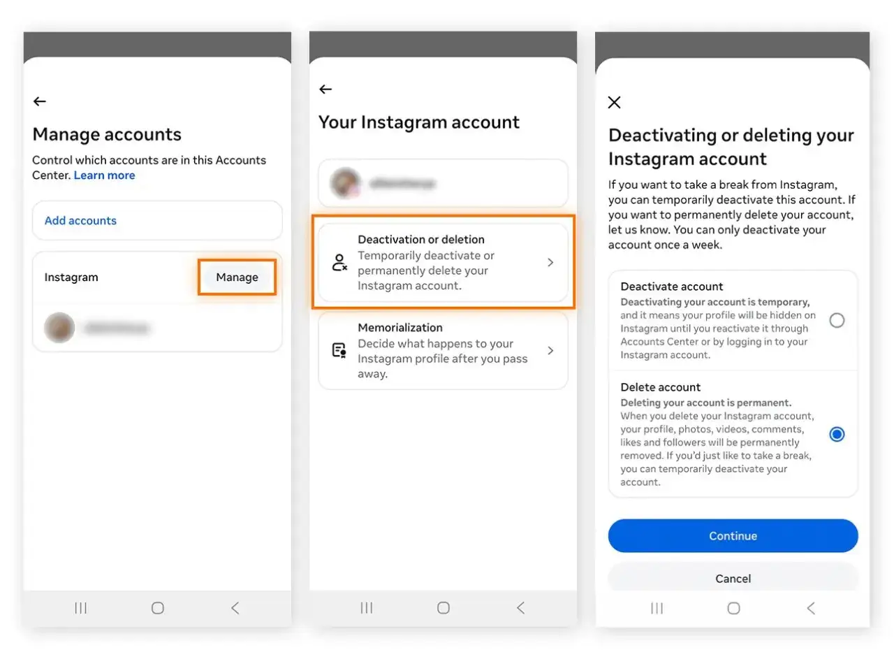 Ekran pokazuje, jak usunąć konto na Instagramie: wybierz