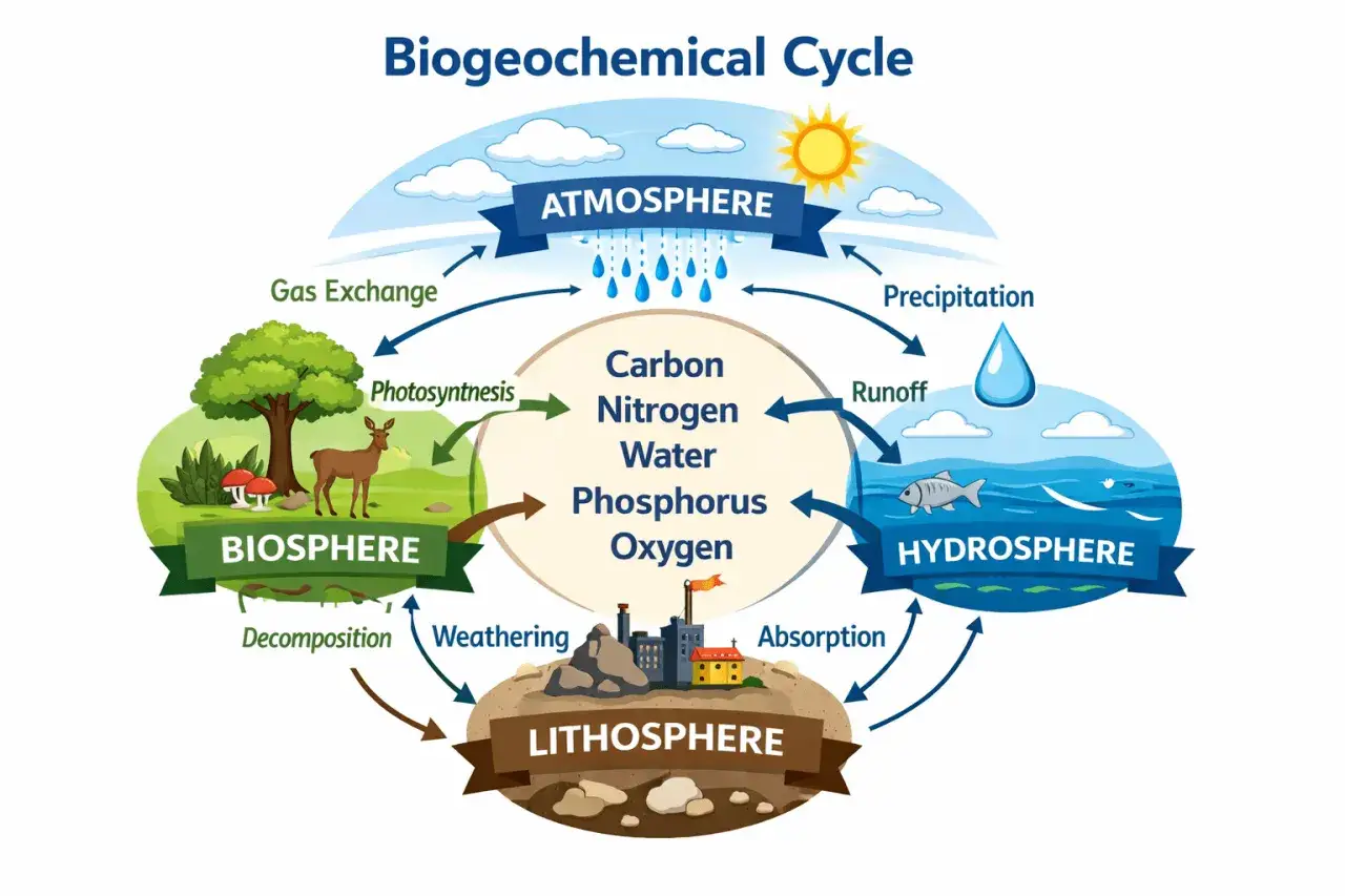 Cykl biogeochemiczny pokazuje, jak pierwiastki biogenne (węgiel, azot, woda, fosfor, tlen) krążą między atmosferą, biosferą, hydrosferą i litosferą.