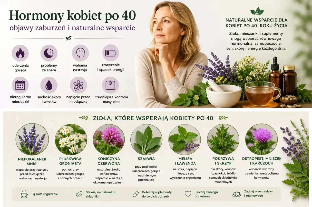 Kobieta po 40. roku życia z ziołami wspierającymi równowagę hormonalną, łagodzącymi objawy menopauzy i poprawiającymi samopoczucie. Naturalne wsparcie dla estrogenów.