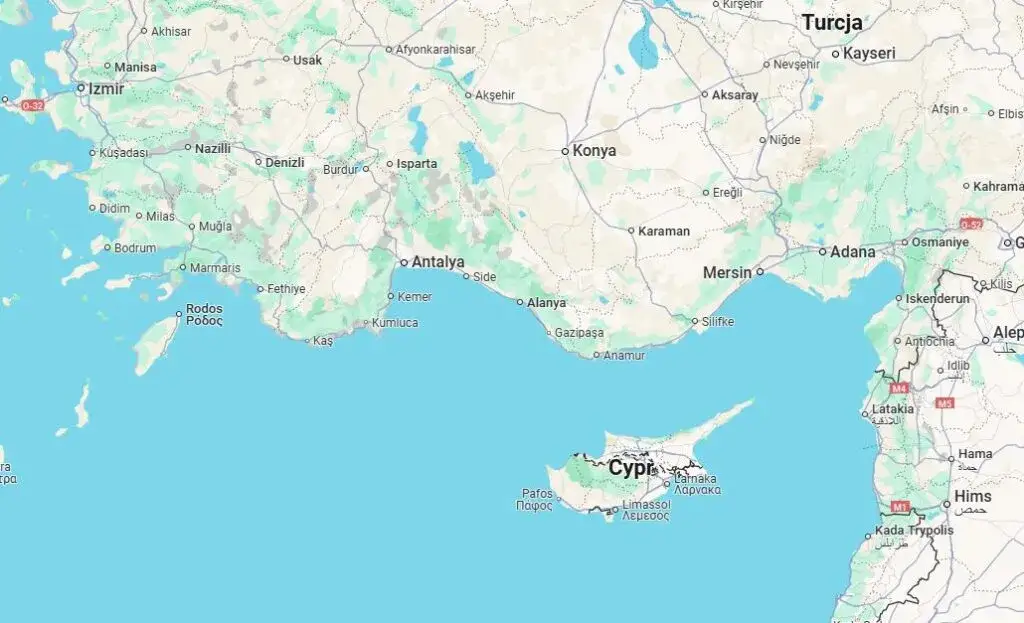 Mapa Cypru z zaznaczeniem położenia względem Europy i Azji oraz krajów sąsiadujących