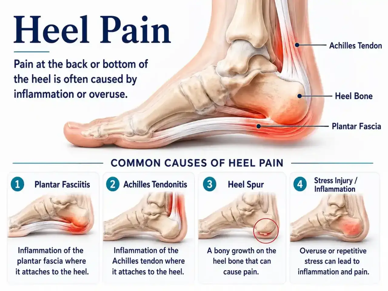 Anatomische Darstellung des Fußes, die Ursachen für Schmerzen im Hacken wie Plantarfasziitis und Achillessehnenentzündung zeigt.