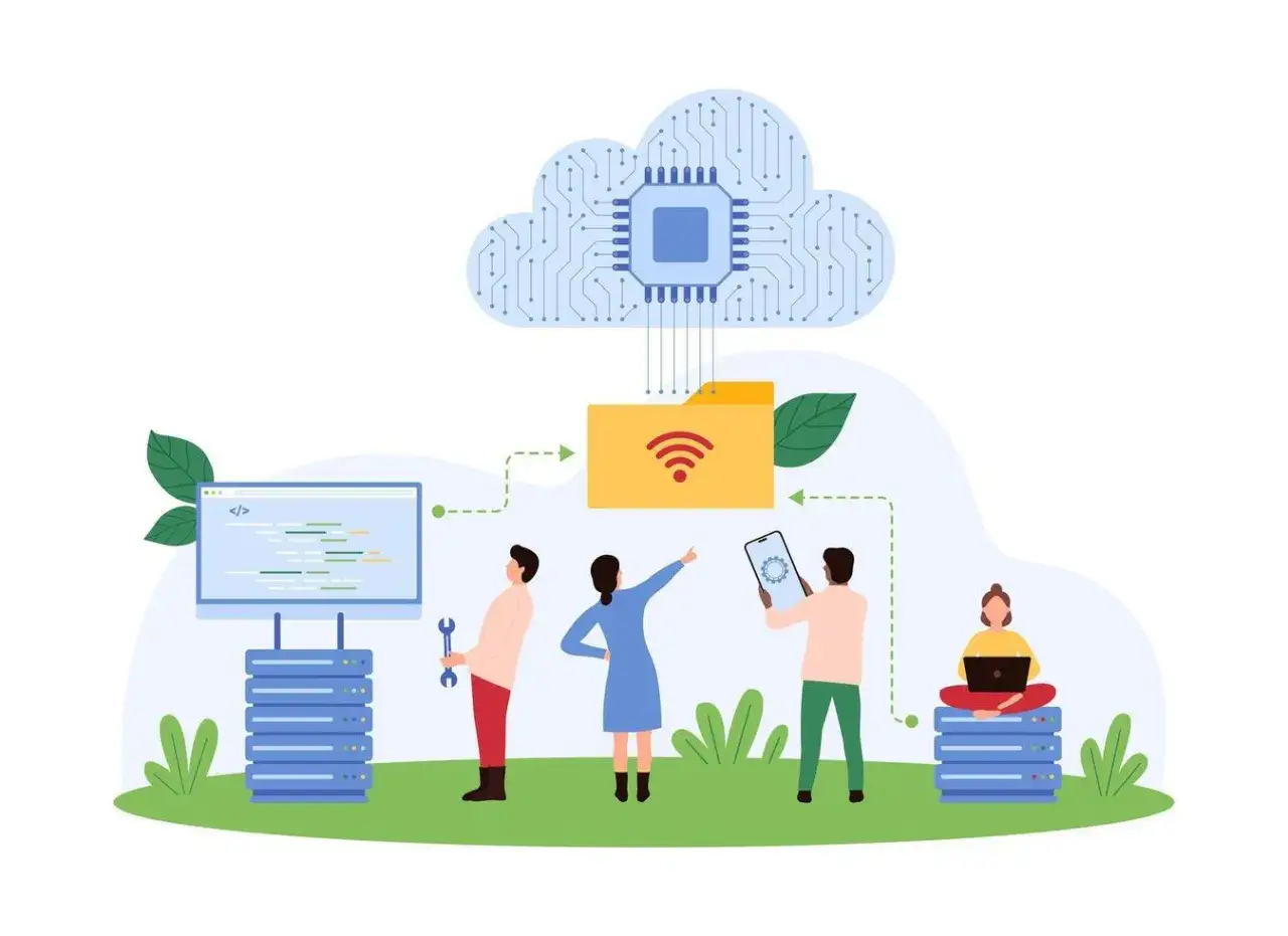 Zespół pracuje nad danymi w chmurze. Widoczne serwery, kod, folder z ikoną Wi-Fi i ludzie korzystający z urządzeń.