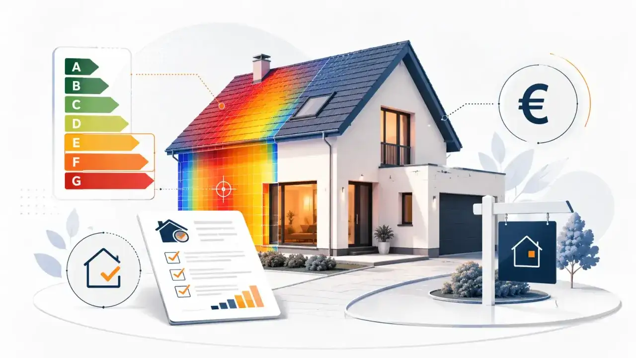 Maison avec diagnostic de performance énergétique, symbole euro et liste de contrôle. L'audit énergétique obligatoire pour votre bien immobilier.