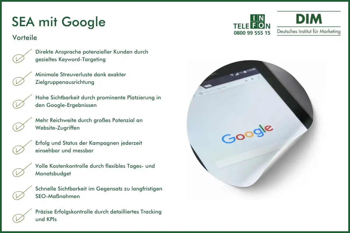 SEA mit Google: Vorteile wie gezieltes Keyword-Targeting, hohe Sichtbarkeit und Kostenkontrolle für Ihr sem search engine marketing.