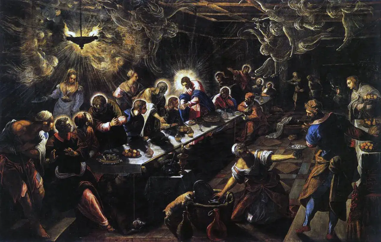 A dramatic **Last Supper art** scene with Jesus at the center, surrounded by disciples. Angels hover above in this richly colored, tenebrous painting.