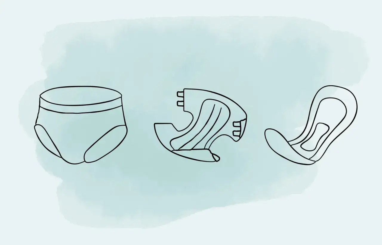 Illustration zeigt verschiedene Inkontinenzprodukte. Wo bekomme ich Inkontinenzmaterial auf Rezept?