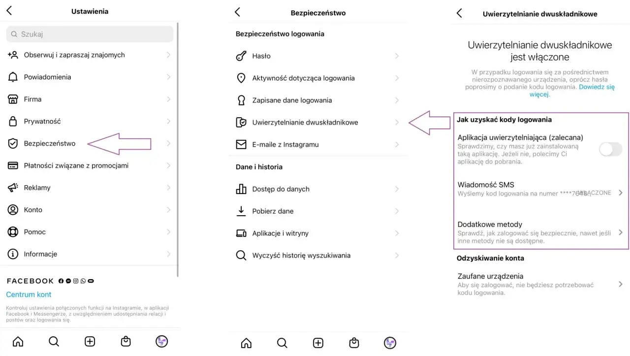 Ustawienia bezpieczeństwa na Instagramie. Włączone uwierzytelnianie dwuskładnikowe chroni przed wirusem na Instagramie.