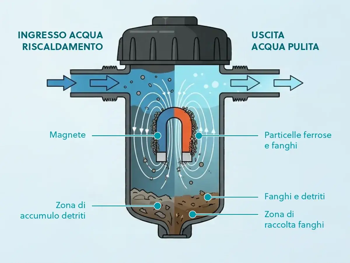 Schema di un filtro magnetico per il lavaggio impianto riscaldamento: l'acqua sporca entra, le particelle ferrose vengono trattenute dal magnete, l'acqua pulita esce.