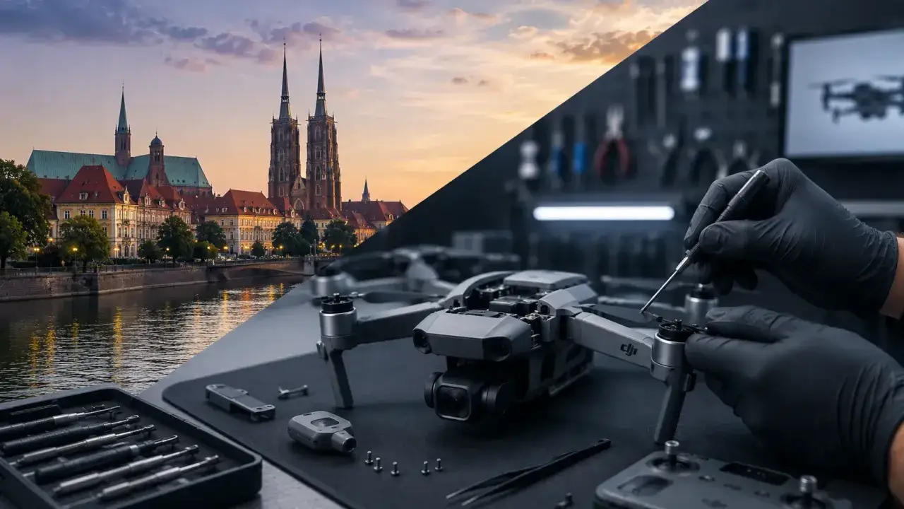 Wrocławskie katedry i serwis dji. Dron w naprawie, gotowy do lotu nad miastem.