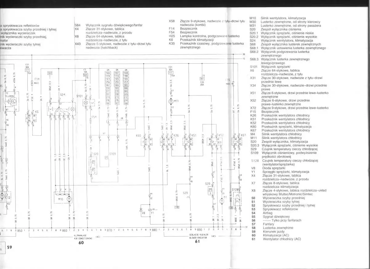 Schemat elektryczny klimatyzacji samochodowej, pokazujący połączenia i komponenty systemu.