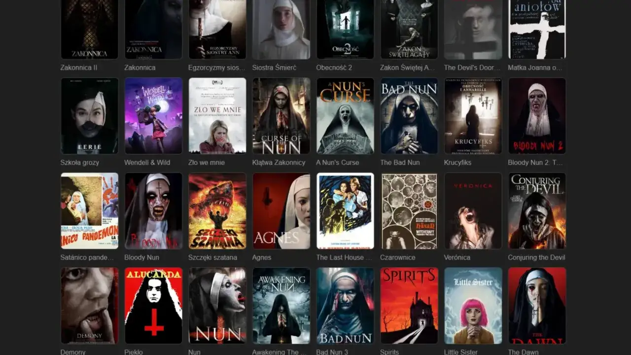 Kolekcja plakatów filmowych z gatunku 10 top horror, w tym przerażające zakonnice i potwory.