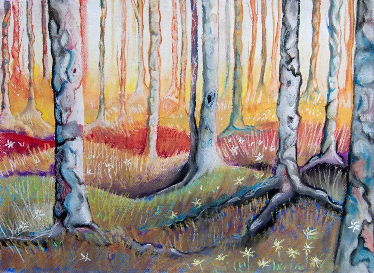 Bosque otoñal vibrante, ideal para una pintura al pastel para principiantes. Tonos cálidos y árboles con raíces expuestas.