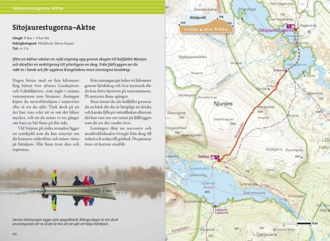 Karta &ouml;ver Kungsleden med vandringsleder, h&ouml;jdprofiler och sev&auml;rdheter som Sitojaurestugorna och Njunjes.