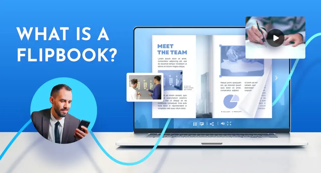 Un uomo guarda uno smartphone mentre un laptop mostra un flip book. Scopri come creare il tuo flip book gratis!