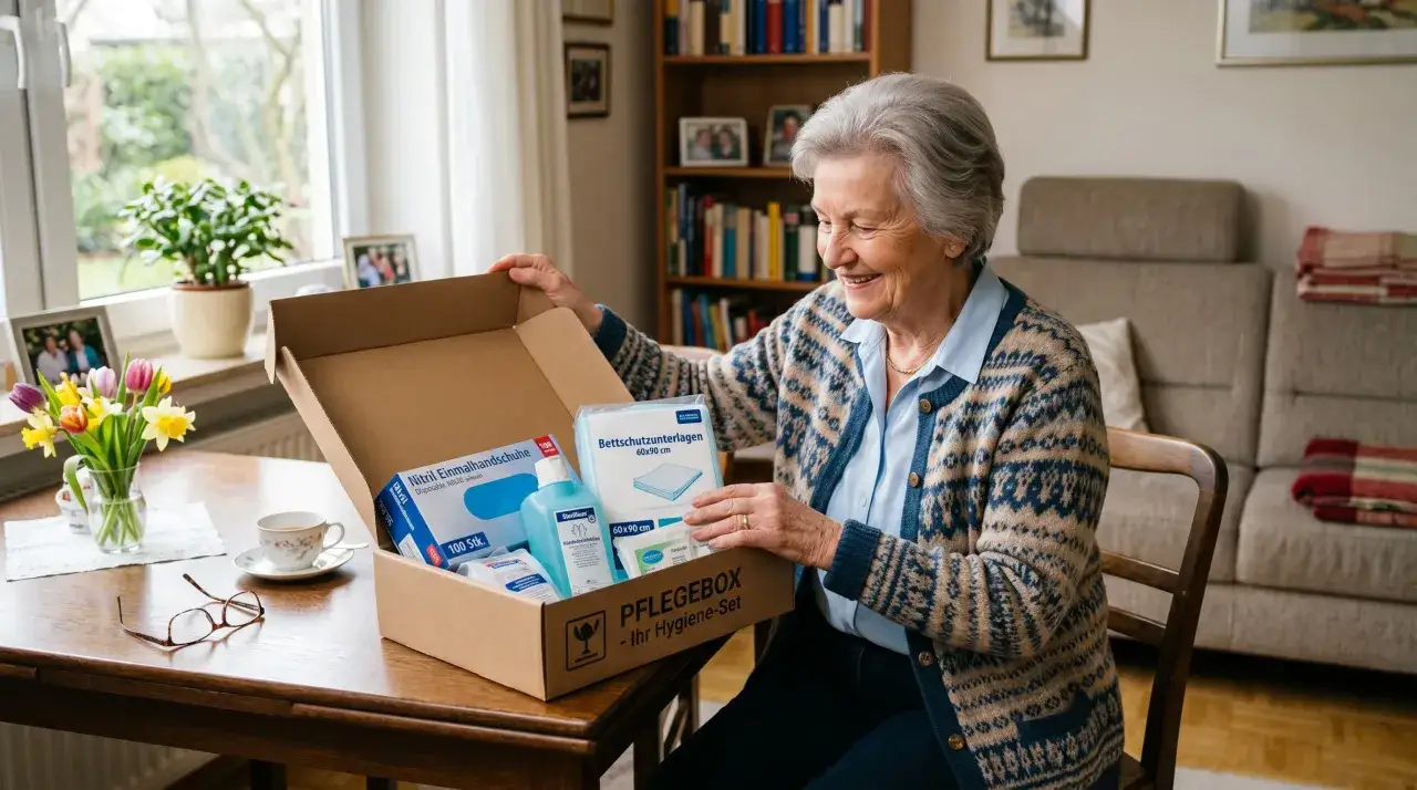 L&auml;chelnde &auml;ltere Frau &ouml;ffnet eine Pflegebox. Der Inhalt zeigt Handschuhe, Desinfektionsmittel und Bettschutzunterlagen.