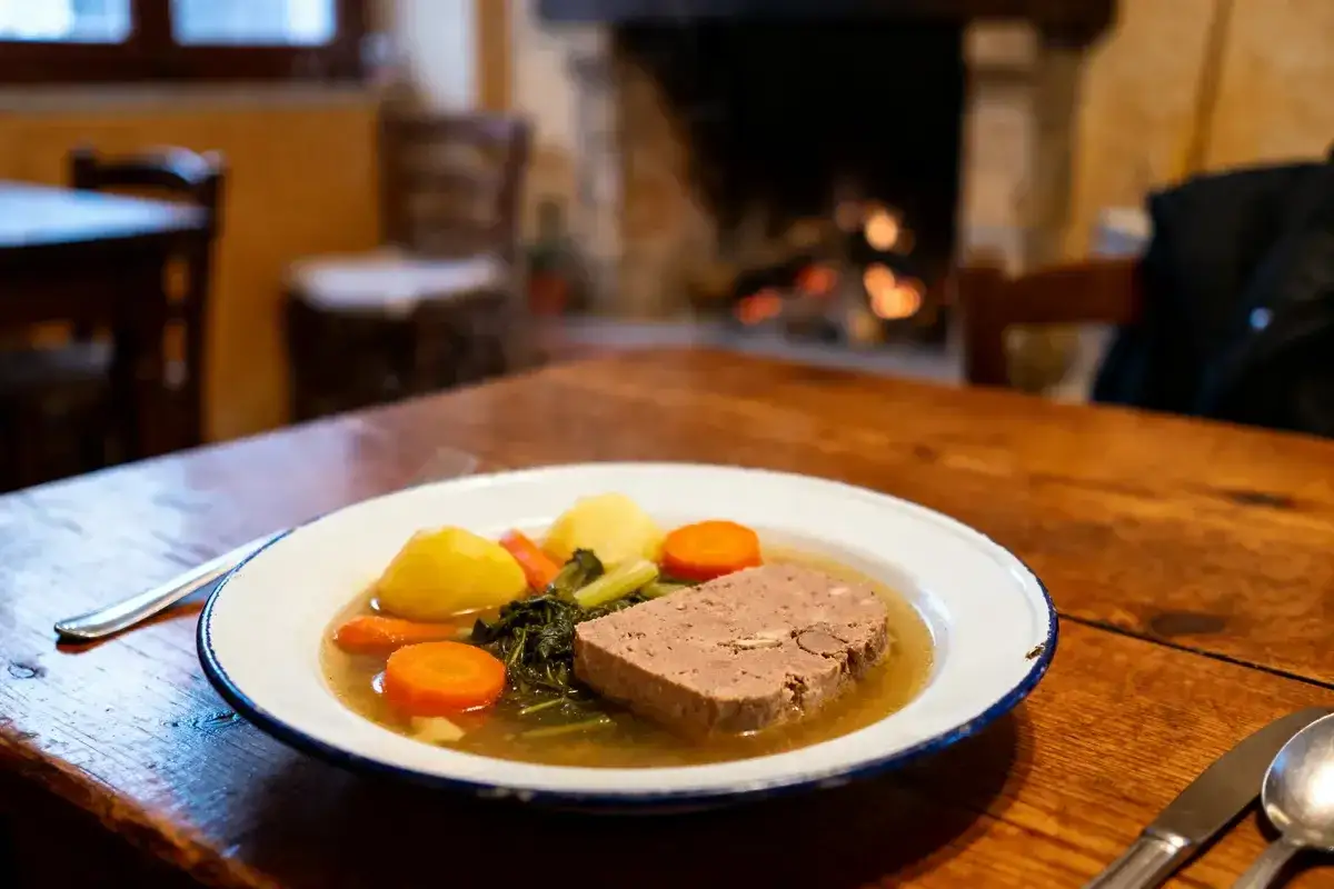 Un plat réconfortant de **repas du terroir** avec un pâté, des pommes de terre, des carottes et des légumes verts, servi dans une assiette émaillée devant une cheminée chaleureuse.