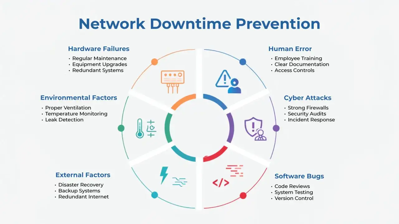 Diagram showing network downtime prevention, highlighting factors like hardware failures, human error, and cyber attacks, illustrating the meaning of a single point of failure.
