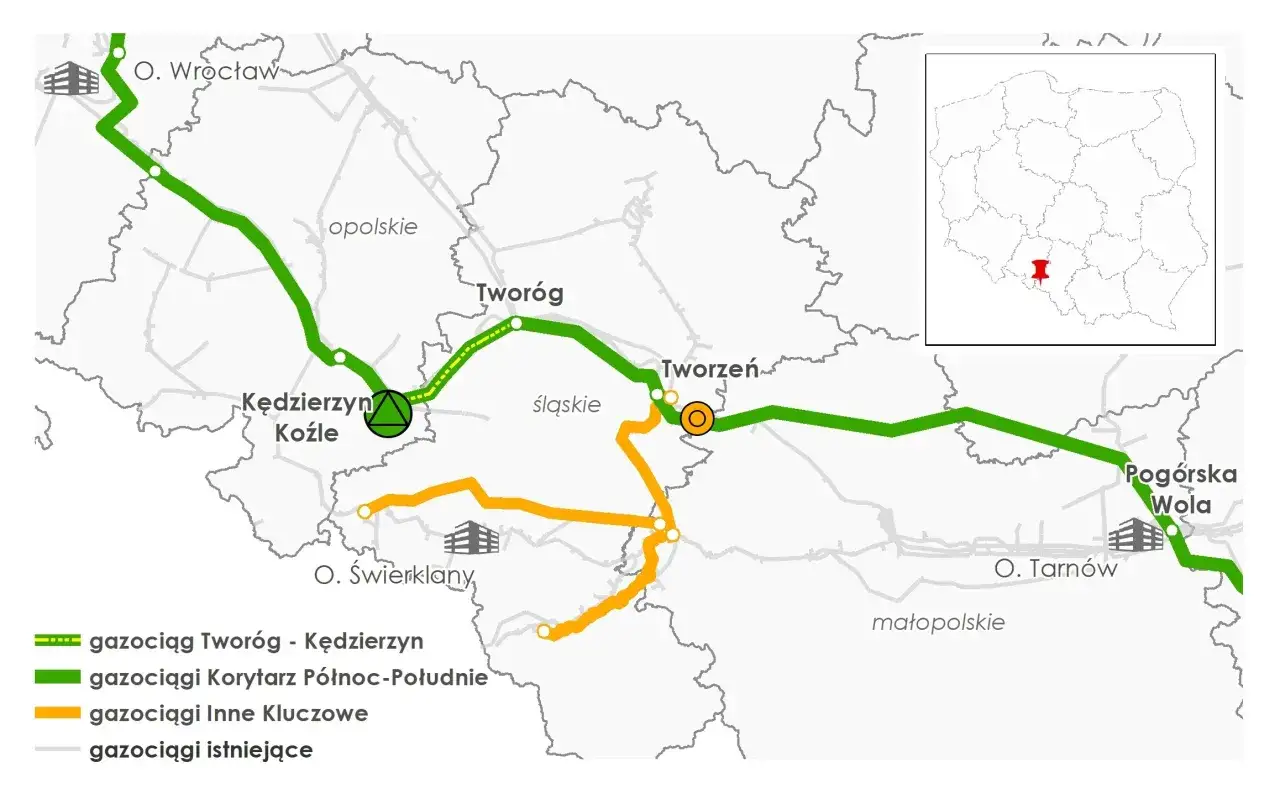 Mapa przedstawia przebieg gazociągów, w tym gazociąg Korytarz Północ-Południe, oraz odległość budynku od gazociągu średniego ciśnienia.
